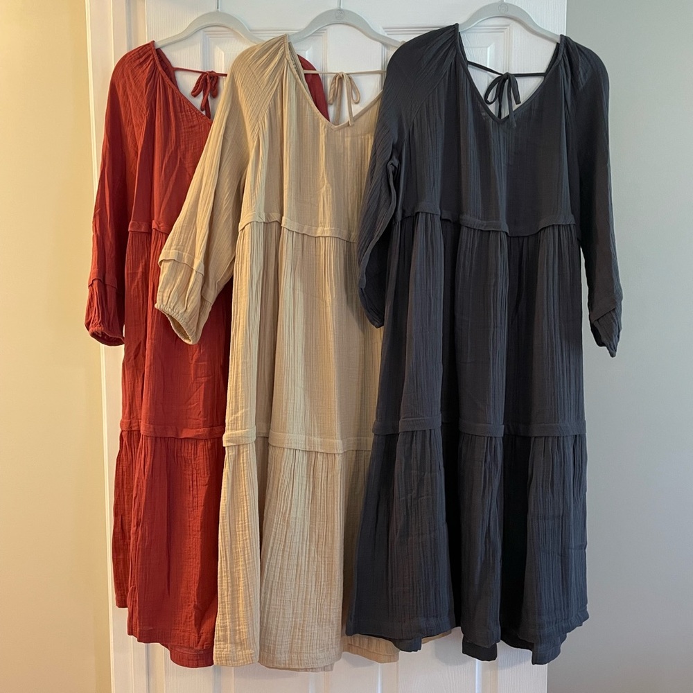 Women’s 100% Cotton Midi Dress Lot in Rust, Cream, and Charcoal